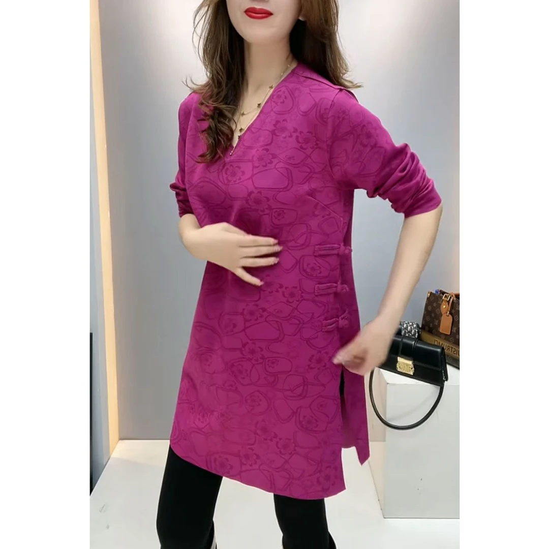 时尚国风大码T恤女2025春秋新款气质宽松显瘦百搭中长款打底上衣