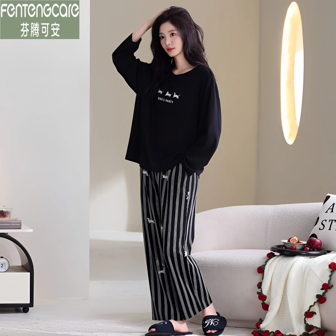 芬腾可安100%纯棉新款睡衣女士长袖春秋款圆领秋冬薄款家居服套装