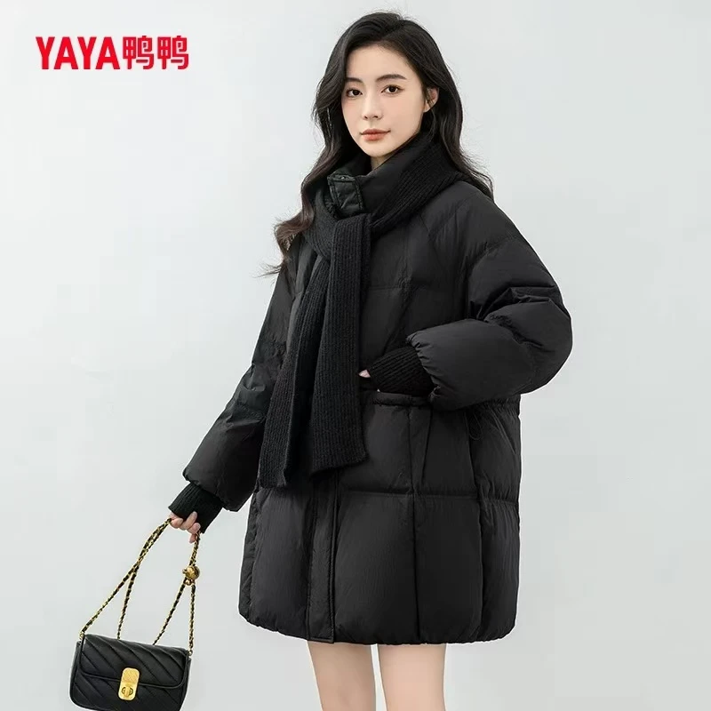 YAYA/鸭鸭【YE3B627945H】针织披肩撞色时尚百搭气质保暖黑长羽绒服