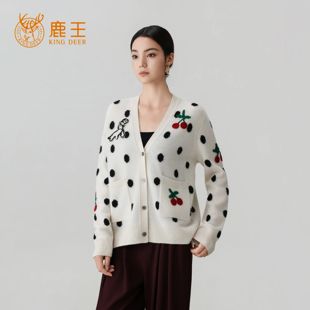 鹿王25秋冬新款女V领100山羊绒重工提花针织开衫 加厚 kd002