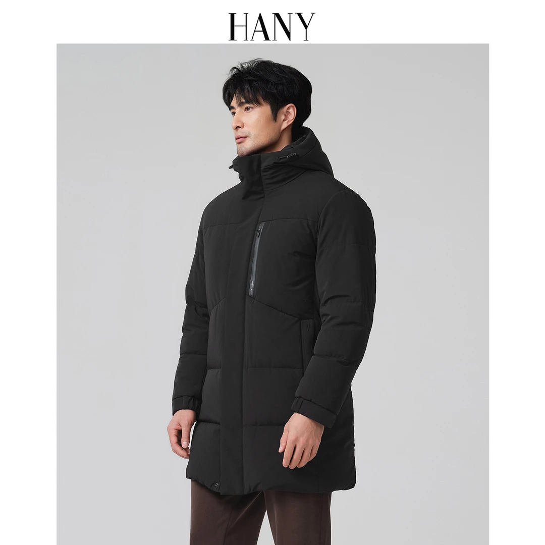 HANY[高品质白鹅绒]黑色羽绒服男2025新款商务保暖休闲连帽外套冬
