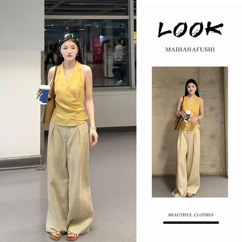 夏季一整套女装2025新款韩版气质显瘦吊带背心条纹阔腿裤两件套装