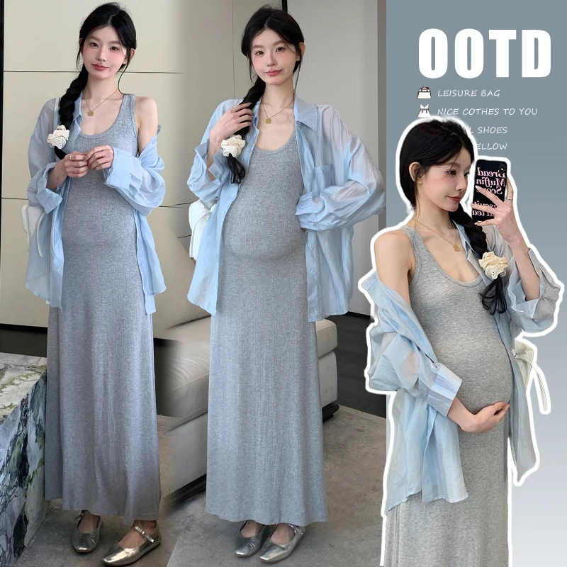 春夏孕妇装2025新款时尚弹力针织背心裙+蓝色防晒开衫两件套外穿