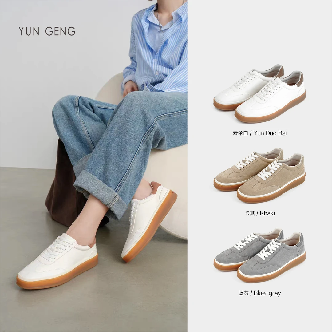 芸耕【冰淇淋】白色运动鞋2025轻职风拼色时尚百搭系带软底真皮女鞋