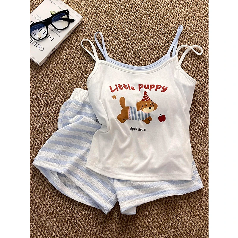 韩系甜美可爱条纹小狗睡衣女夏季新款吊带短裤可外穿家居服两件套
