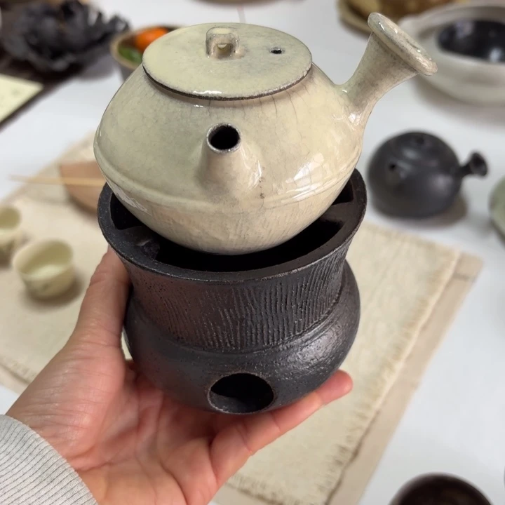 陶瓷粉引侧把壶+炉子一套