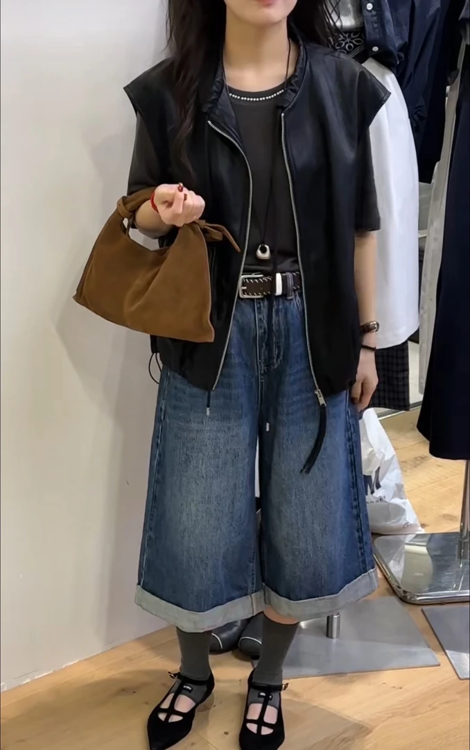 9178韩系设计感格子拼接无袖马甲女早秋宽松显瘦百搭机车PU皮衣