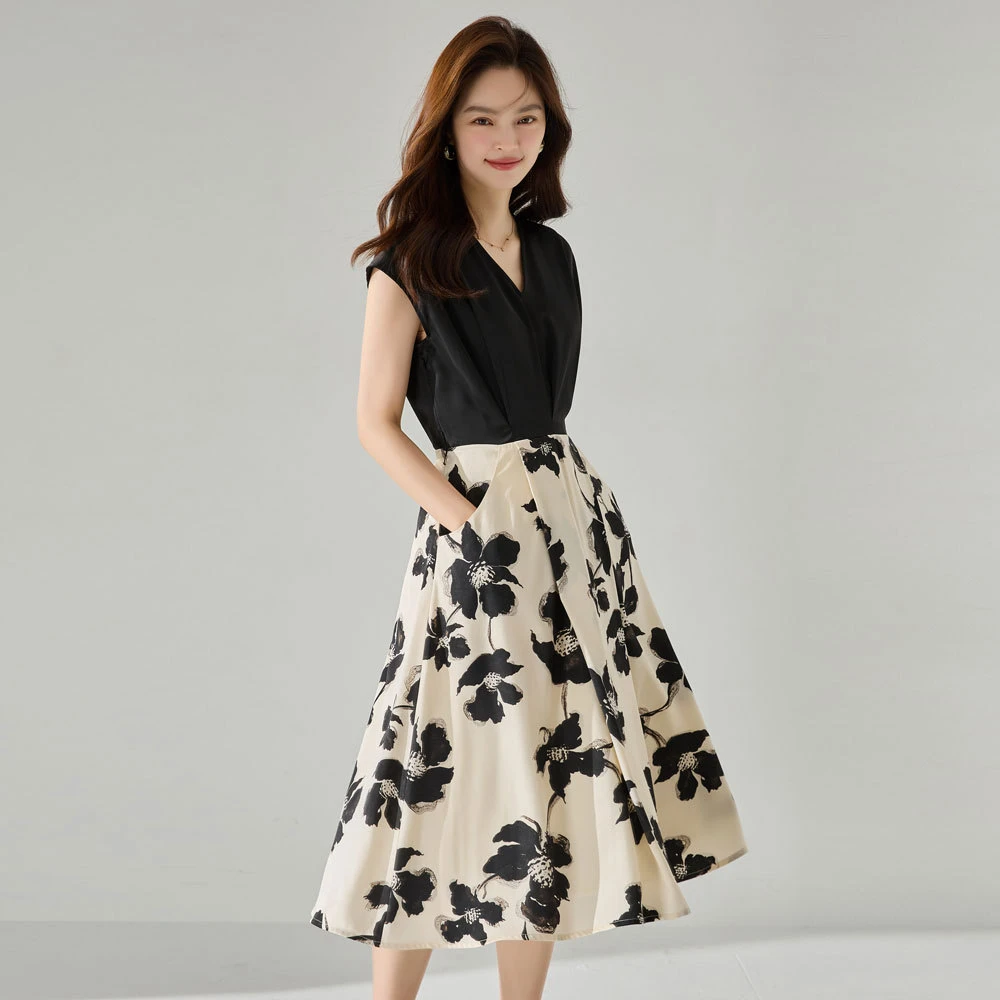 25严选新中式国风印花拼接显瘦大气优雅日常通勤中长洋气衣服女