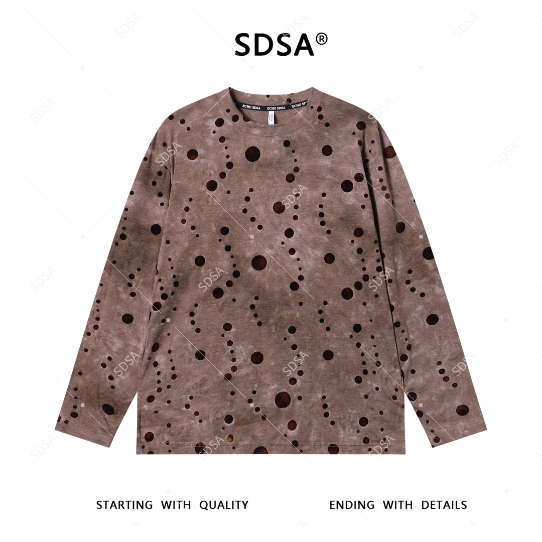 SDSA男士2025新款轻奢痞帅男装扎染植绒波点圆领长袖T恤百搭网红