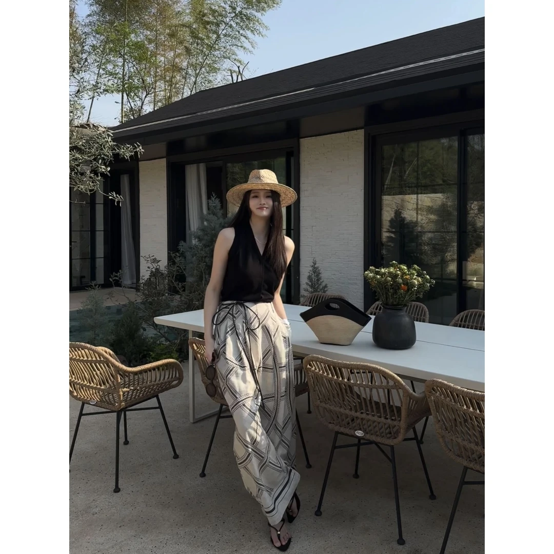 Ah·Jing 梓静 【】法式复古风百搭休闲撞色印花麻感长裤女9001