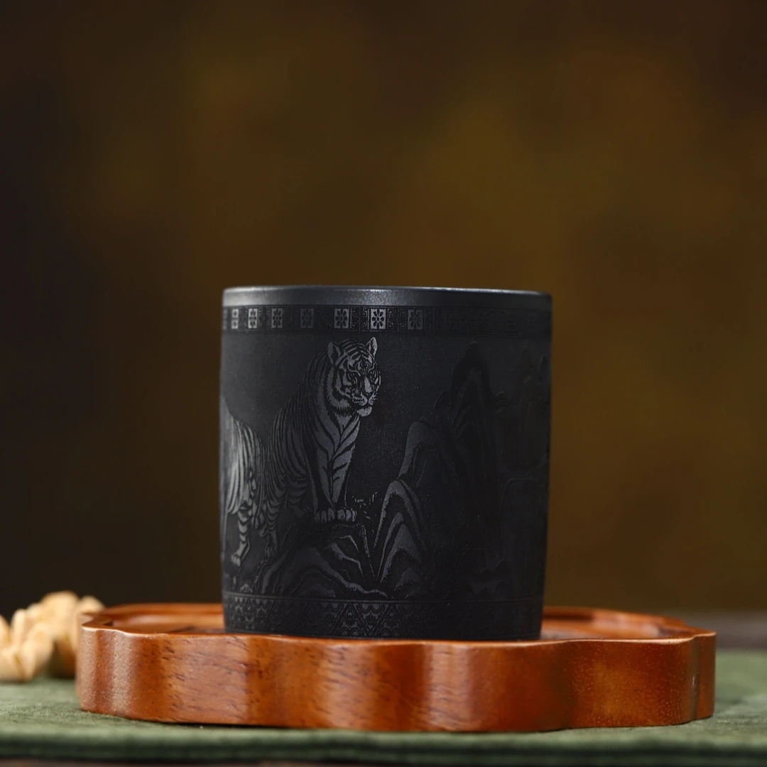 宜兴紫砂丨五虎图 石黄 大扳指杯 紫砂杯