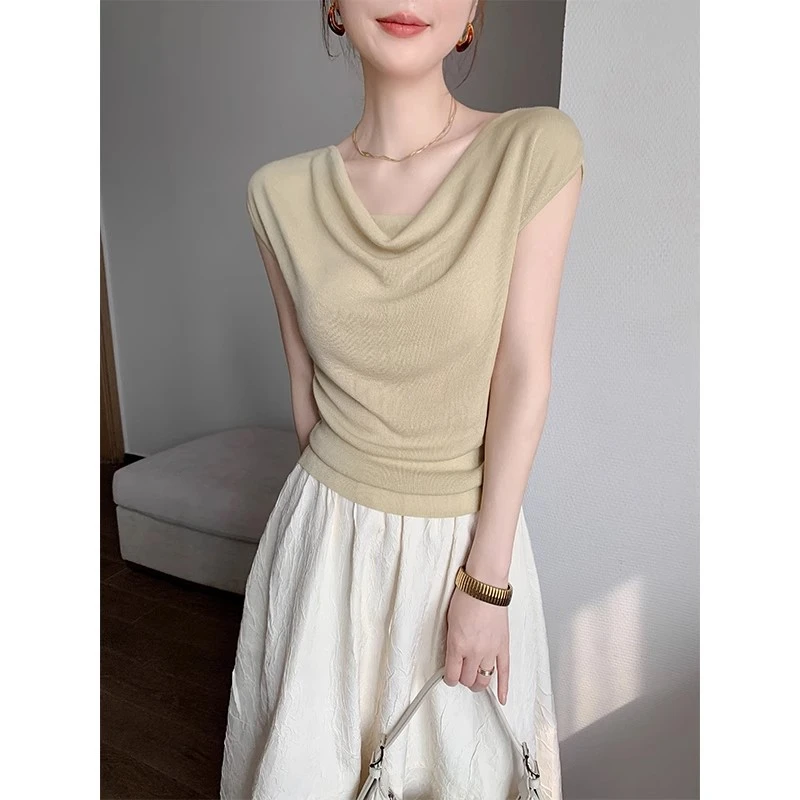 法式绿色一字肩荡领针织短袖女夏季2025新款轻薄修身气质叠穿上衣