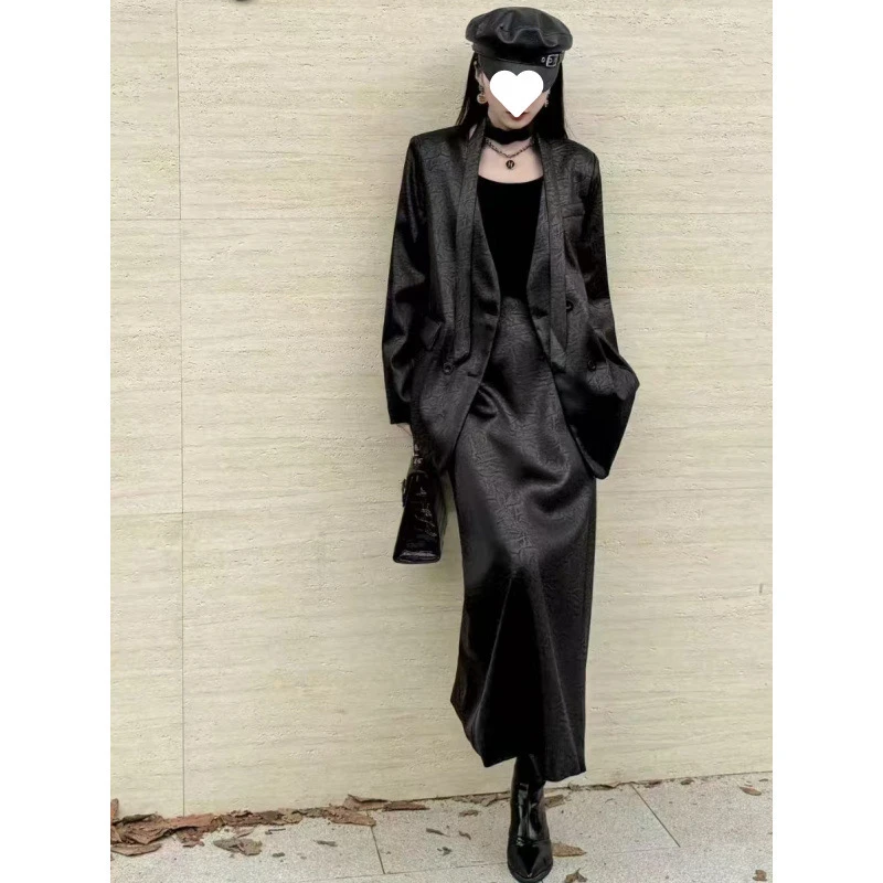 高级感暗纹外套半身裙套装女2025新款宽松气质缎面系带两件套