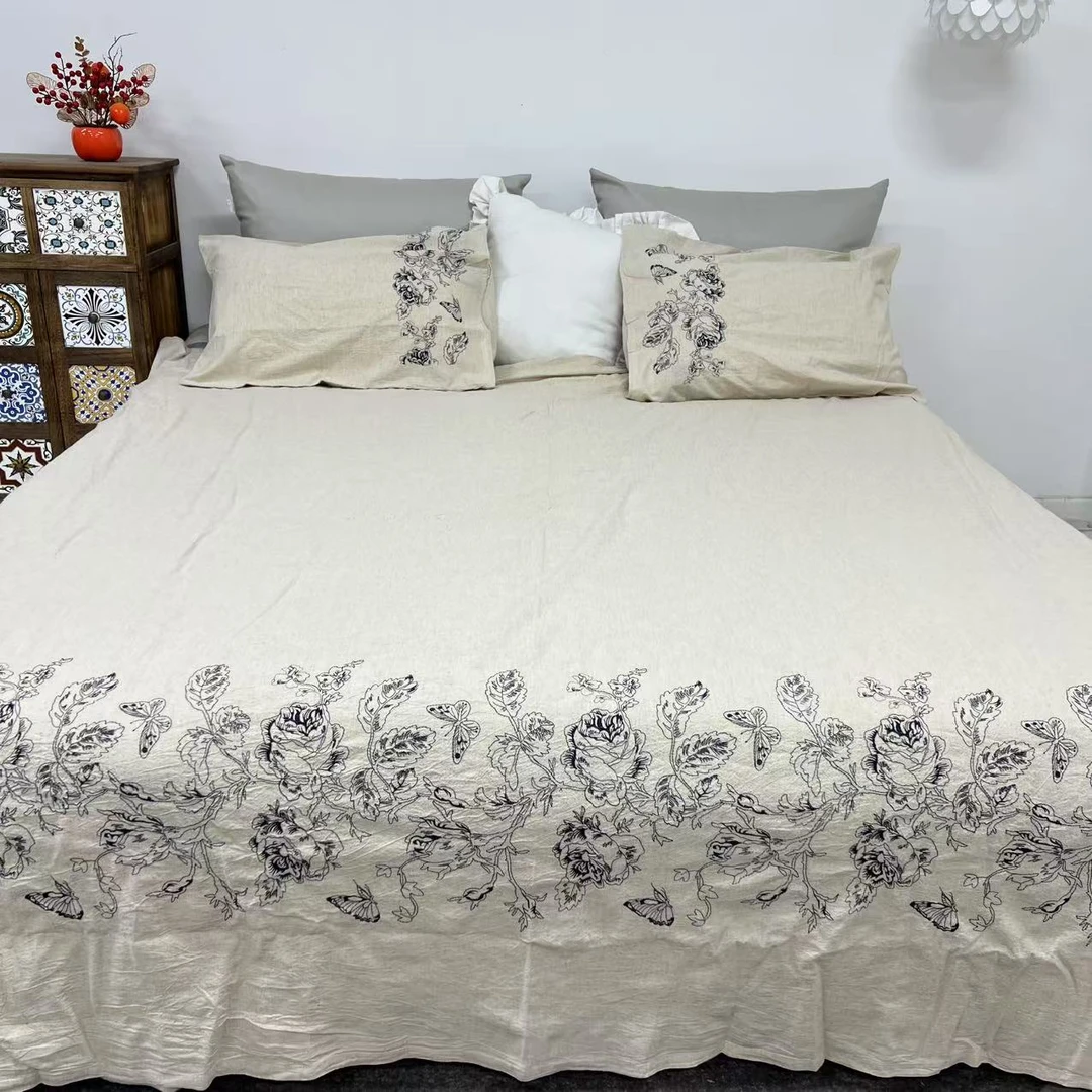 《蝶恋》百分百汉麻刺绣枕套 床单  亲肤舒适透气落水神器