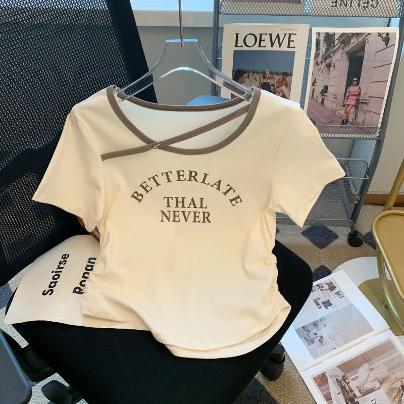 印花短袖T恤女潮褶皱设计感短款T恤衫方领弹力修身小清新上衣女夏