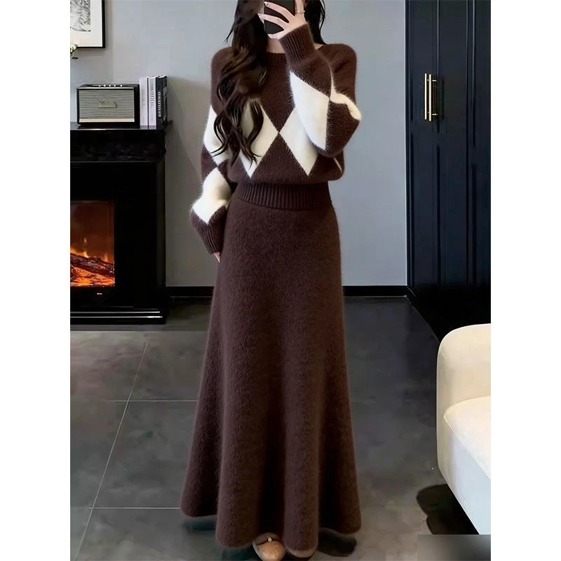 法式温柔风菱格提花针织套装女秋冬复古气质两件套长袖长裙女神范