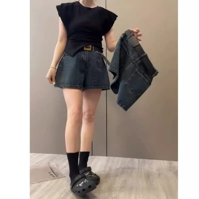 深蓝色A字牛仔短裤女2025夏季高腰宽松显瘦洋气港风复古阔腿热裤