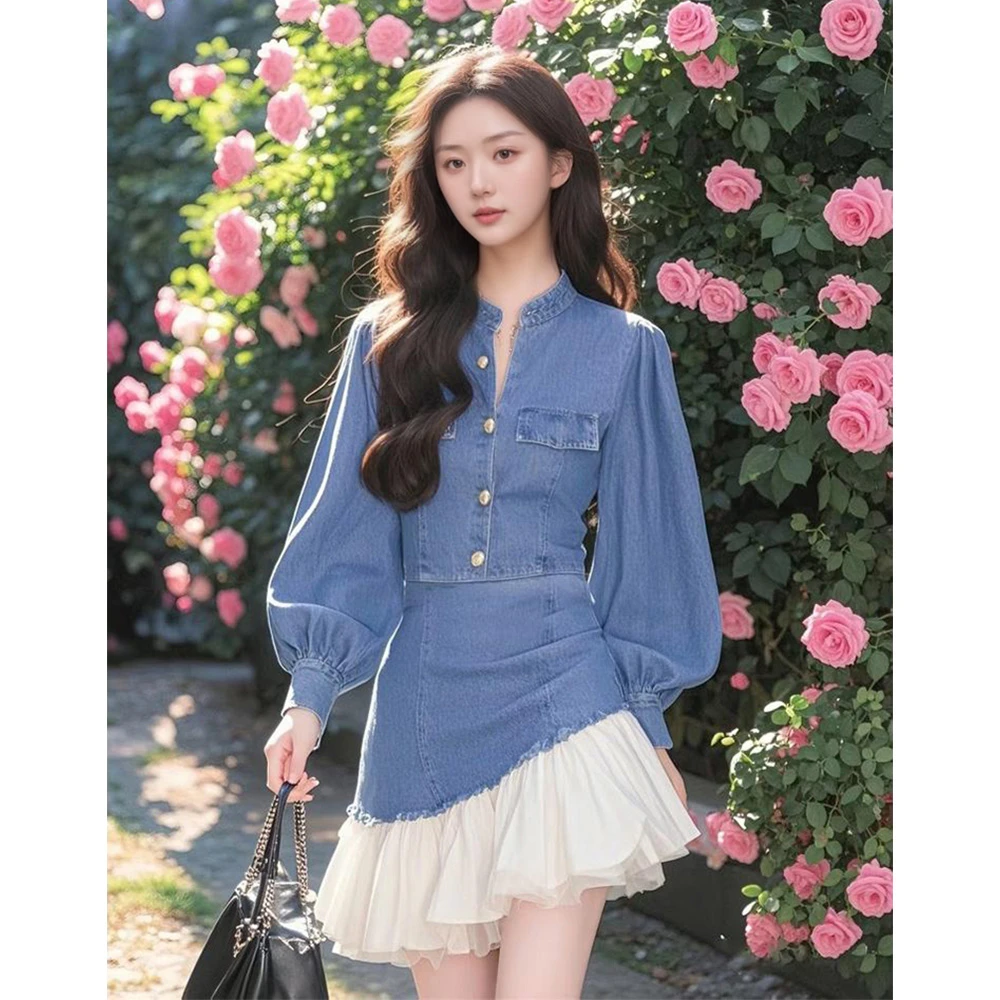 Miss Judy欧若风法式拼接牛仔连衣裙收腰显瘦短裙时尚设计感女装