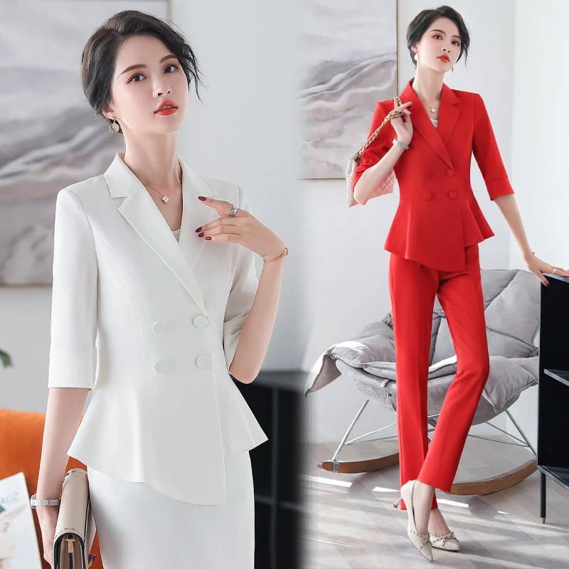 白色职业西装套装气质女夏季薄款高端美容院金店工作服套裙两件套