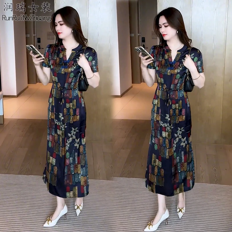 时尚通勤大码夏季套头中长裙宽松妈妈装2025洋气连衣裙中长款裙子