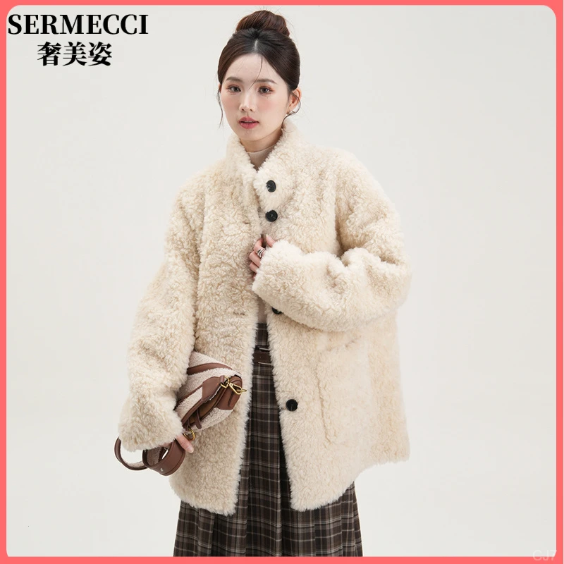 韩系女高级感2025冬季新款修身显瘦立领休闲毛呢外套女中长款