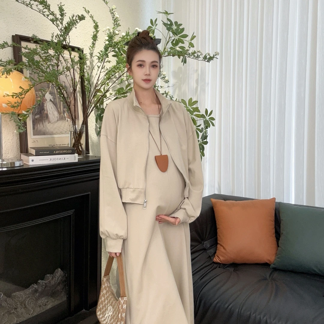 Zoey孕妇装［杏仁奶心］春新款孕妈妈休闲气质显瘦连衣裙外套套装