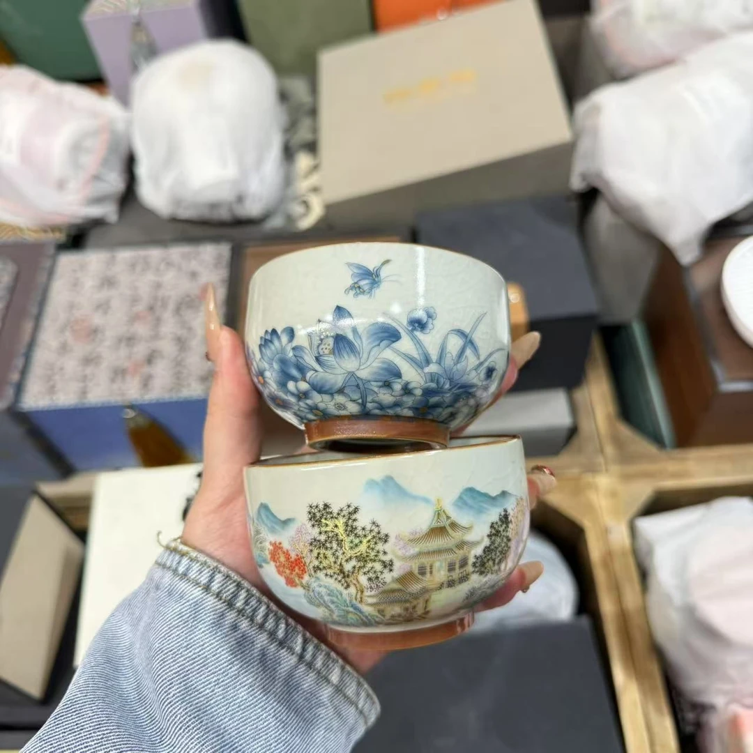 江南景色铜钱主人杯蝶恋花汝窑开片古铜币 jw021