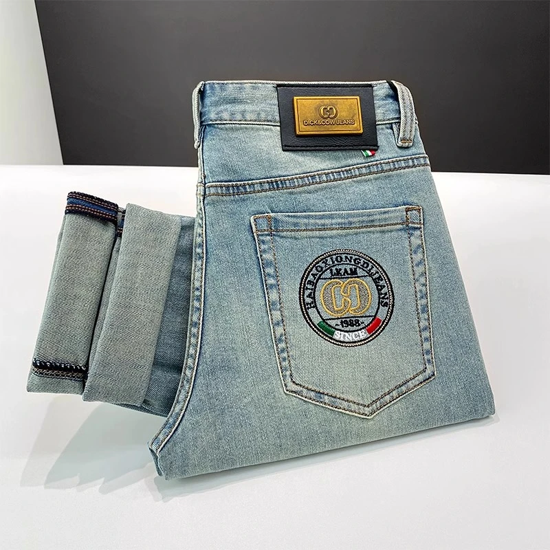 吉伦略索夏季高档复古牛仔裤男修身小脚时尚刺绣弹怀旧潮牌长裤子