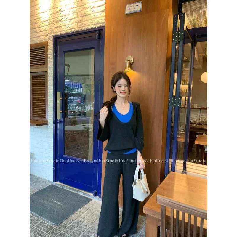 【花花】满分叠穿~韩系羊毛连帽针织U领t+挂脖背心+垂垂裤