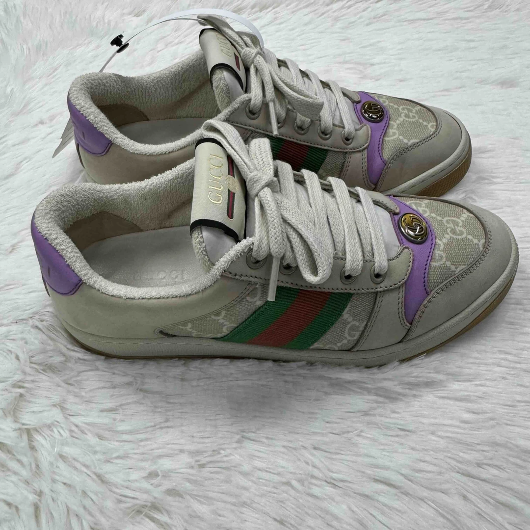 95新 GUCCI/古驰 燕麦色紫尾脏脏鞋低帮板鞋/36码/FZ031