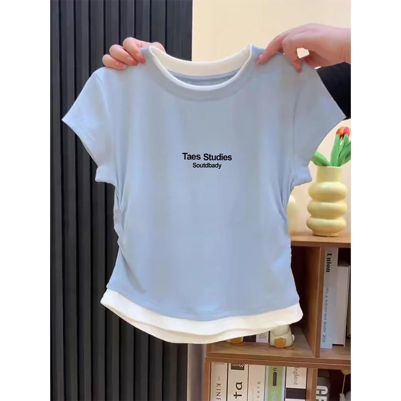 设计感撞色假两件短袖t恤女2025夏季别致褶皱收腰显瘦辣妹上衣潮