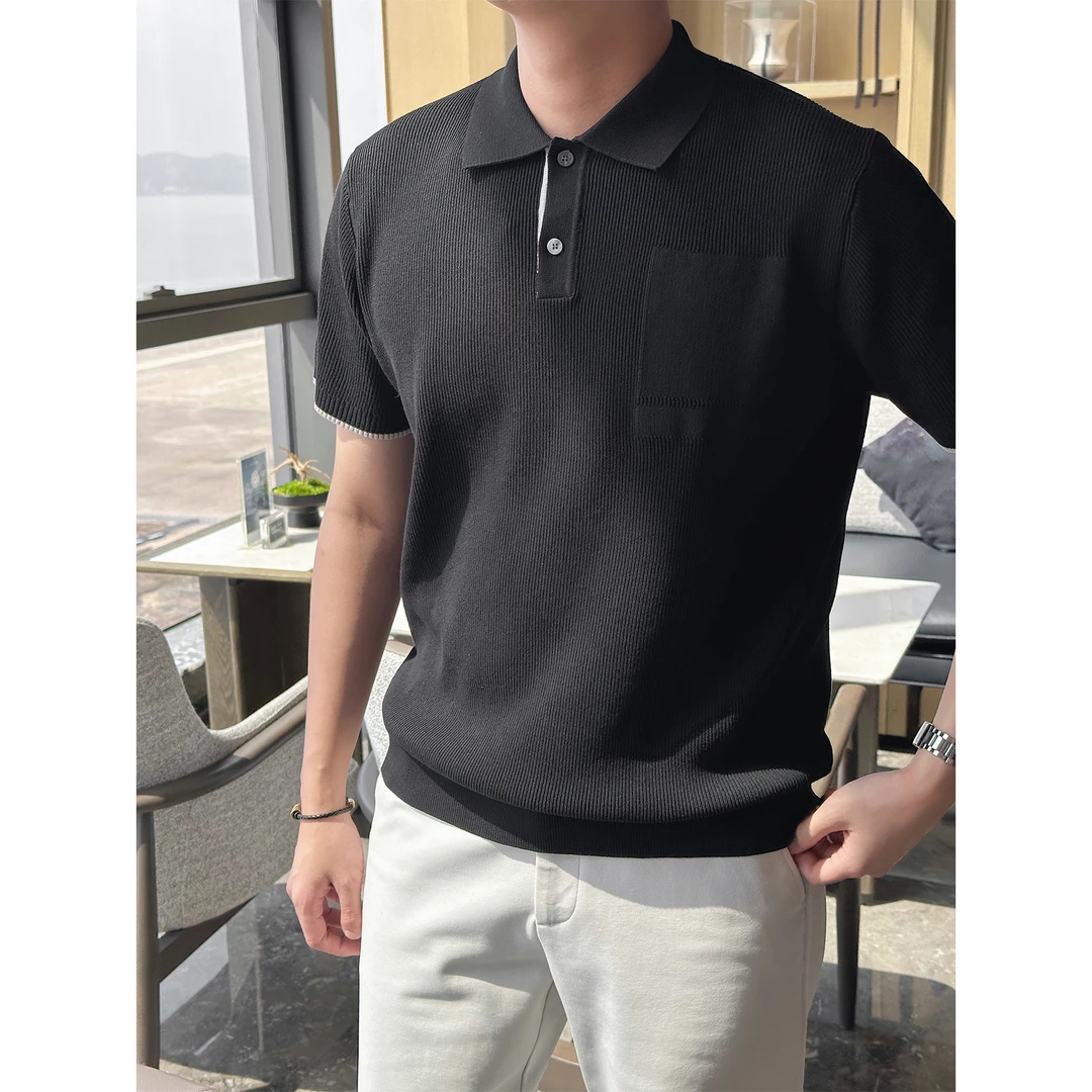 MR JIANYI春夏设计感假口袋休闲针织polo衫老钱撞色翻领短袖T恤男