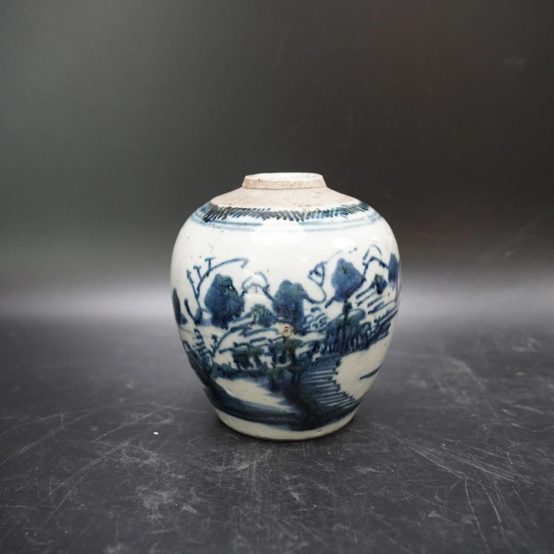 Lot.25070482清道光青花山水纹罐 高：约13.2cm