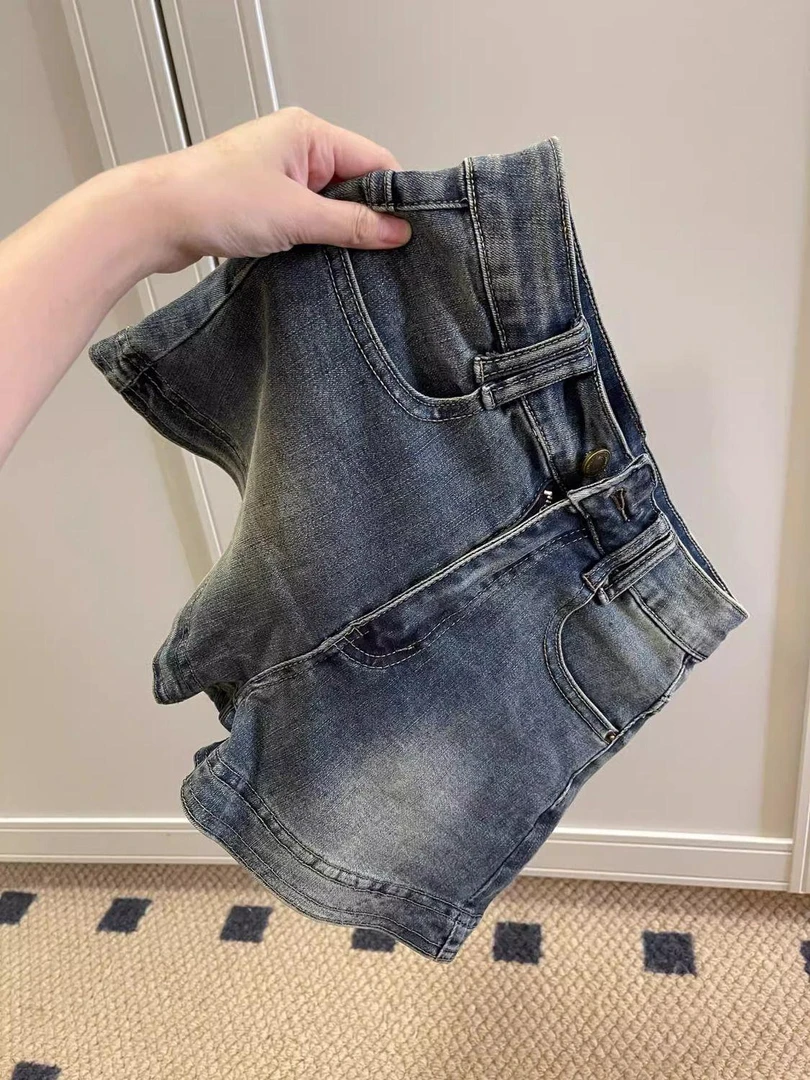 美式复古蓝高腰牛仔短裤女夏季新款弹力显瘦宽松a字小个子热裤子
