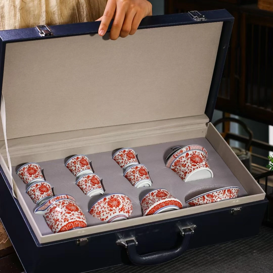 景德镇点工全红釉里红缠枝莲套组茶具九件套花纹