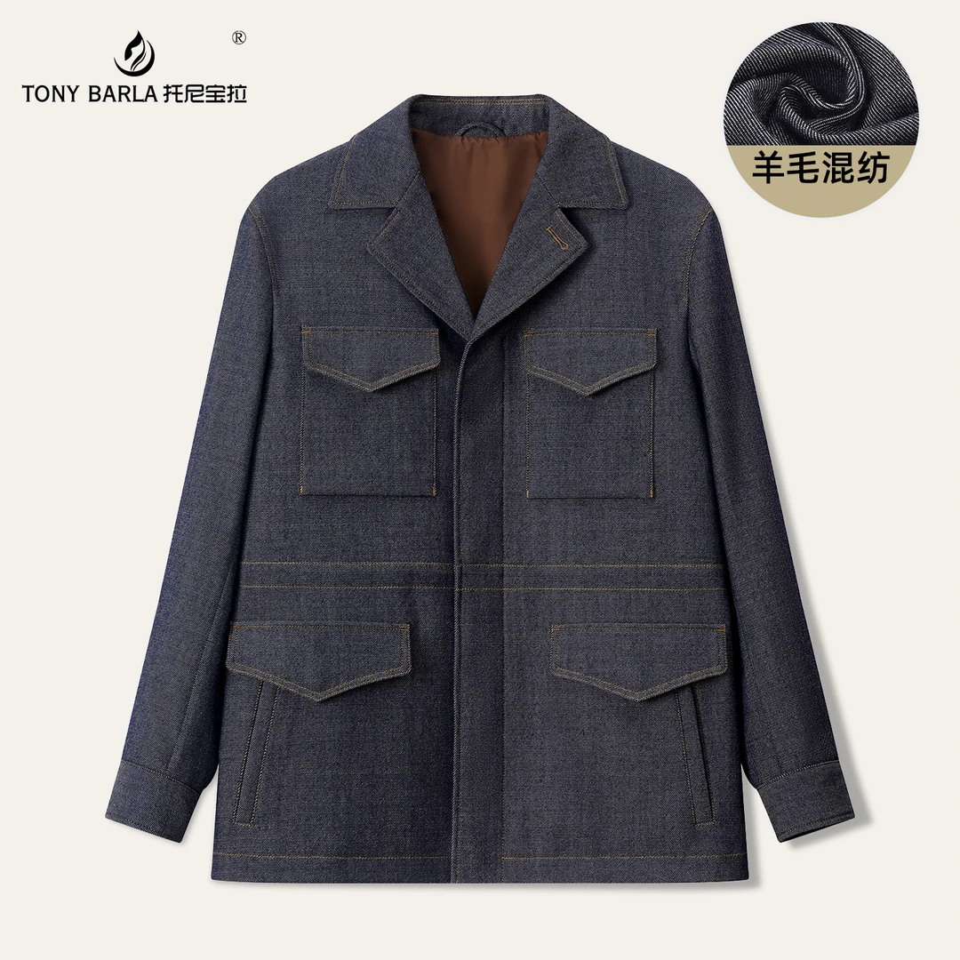 托尼宝拉男士秋冬牛仔外套羊毛混纺单排扣多口袋西装领夹克TF2518