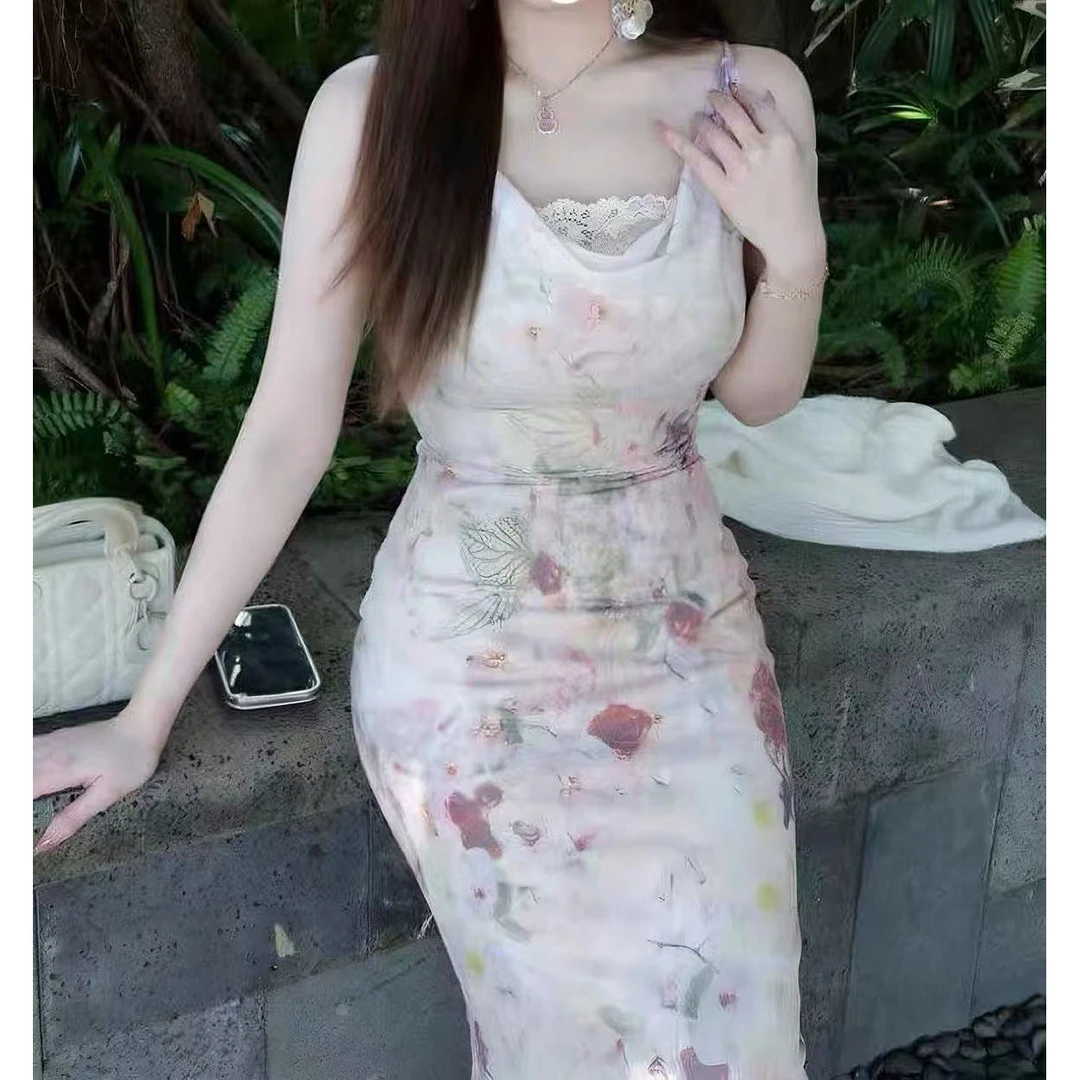 （芋圆）胖mm法式定位印花可调节肩带荡领设计吊带碎花裙2876