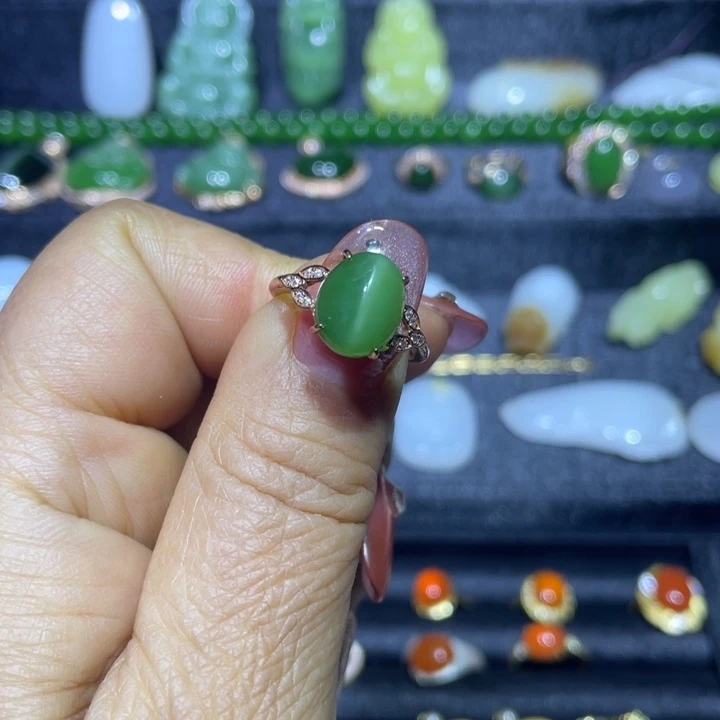 和田玉（碧玉）银S925镀金镶嵌戒指