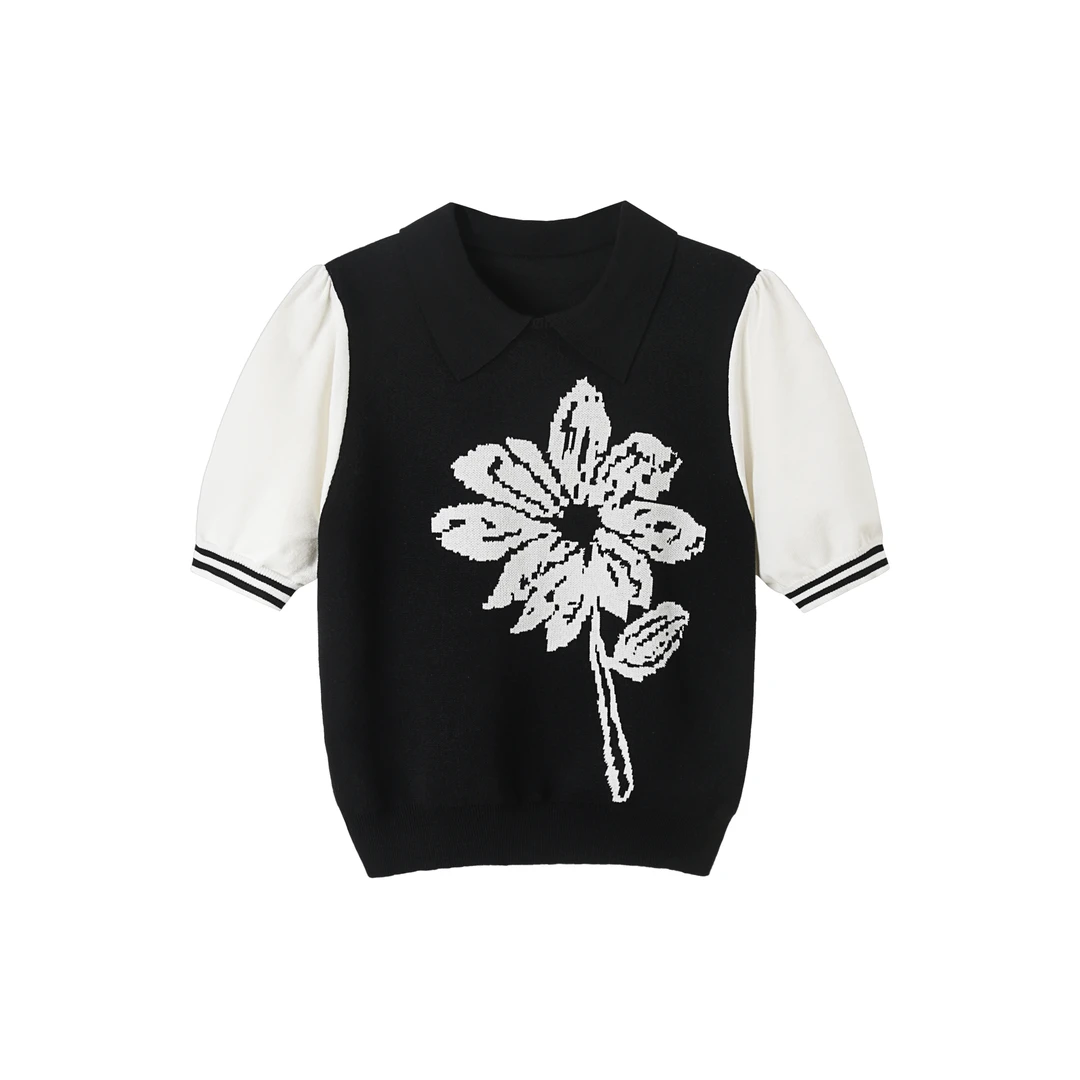 上衣新款蔷薇提花翻领短袖针织衫POLO领时尚打底衫百搭洋气N04