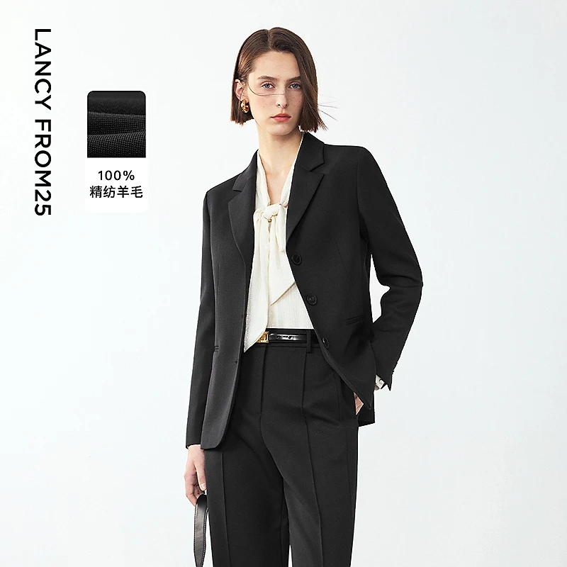 朗姿法式复古气质通勤纯羊毛西服上衣职业正装西装上衣2024冬新款