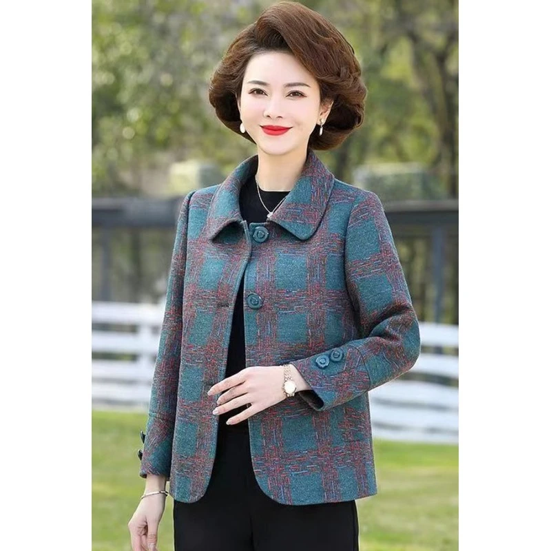 潮牌轻奢毛呢外套春秋妈妈2025短款中老年女妈妈春秋装翻领新时尚