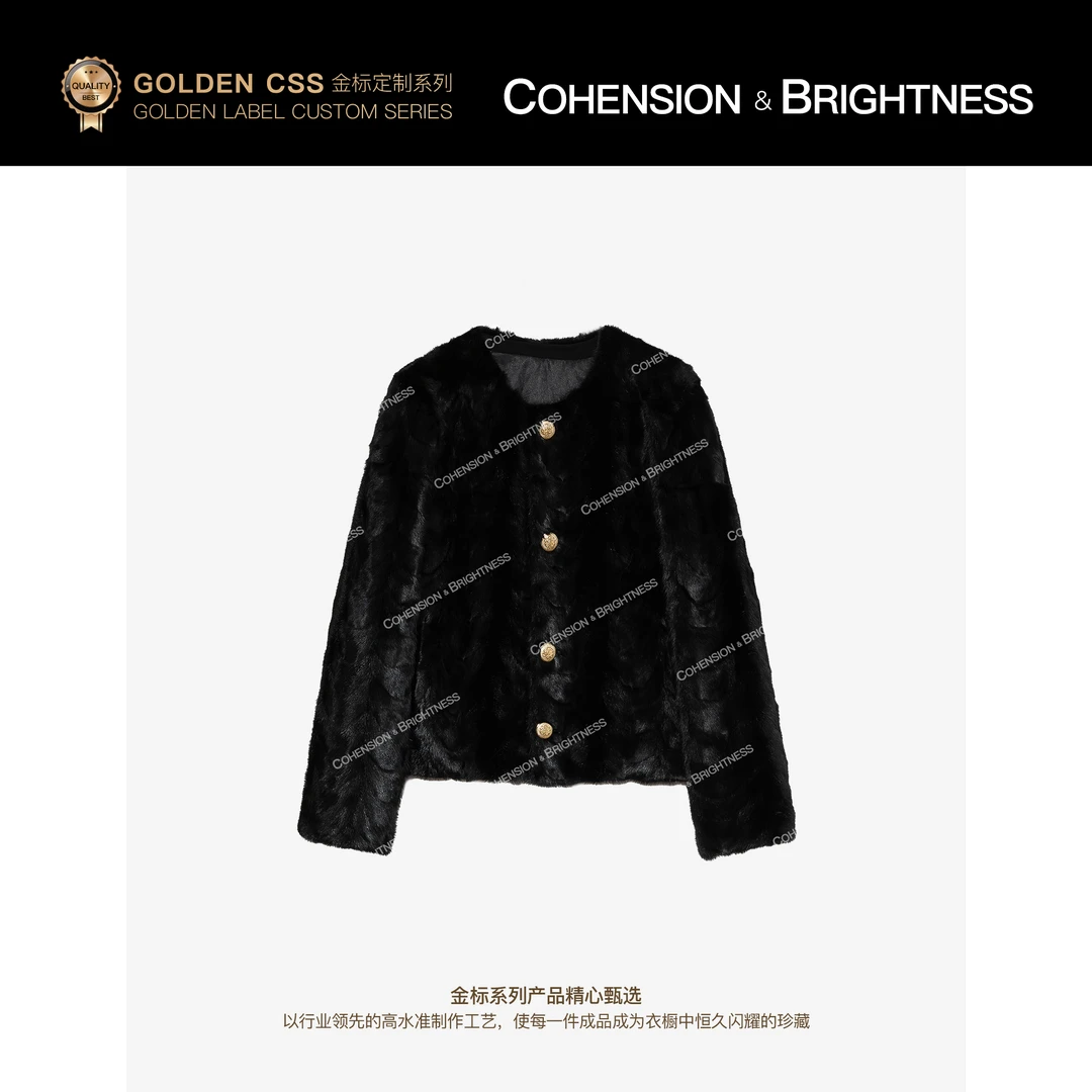 凝慧【暗夜月影】进口水貂毛圆领轻奢短款显瘦保暖毛呢外套YA124