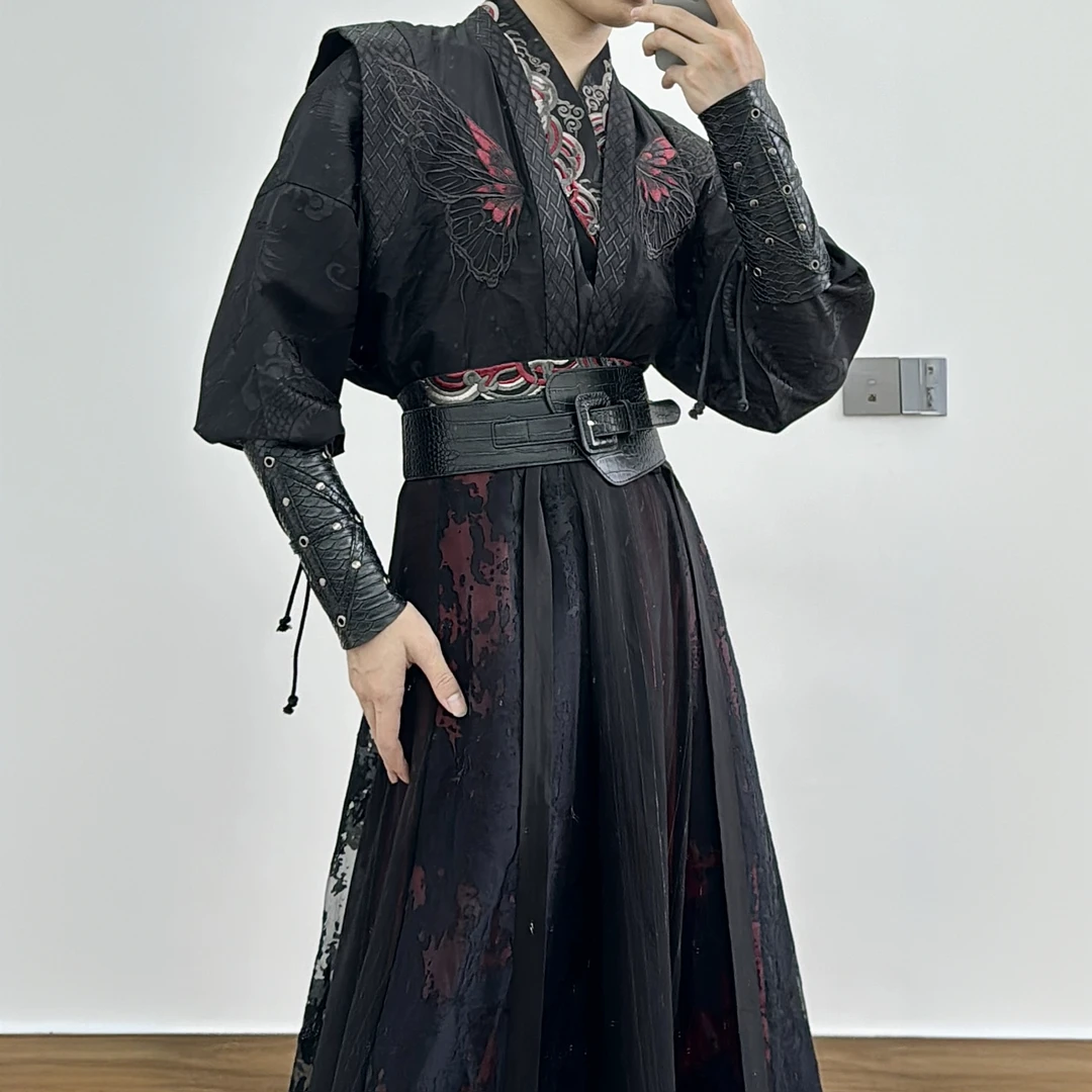 【魅影】羽月司衣局原创汉服春秋侠客风绣花改良唐背子交领九破裙