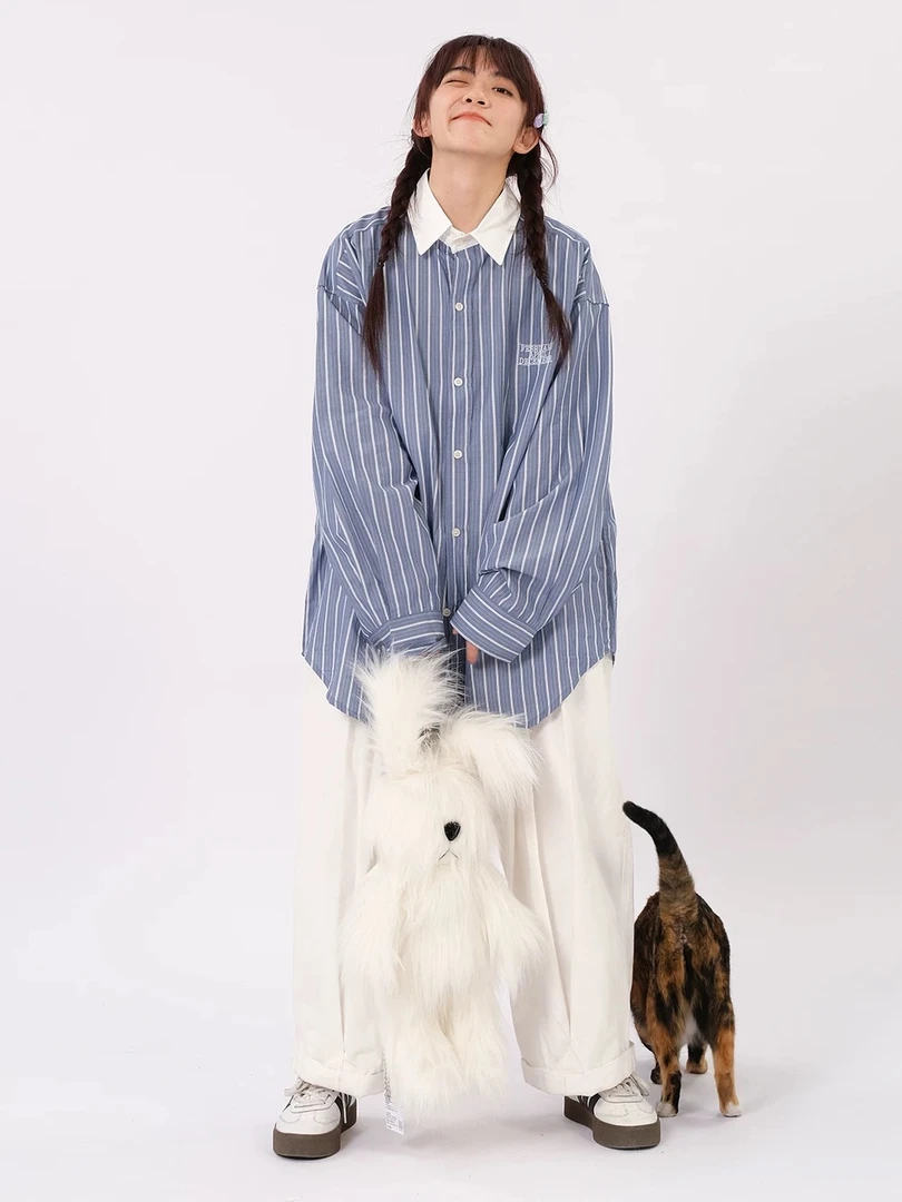 蓝白条纹长袖衬衫女秋2025新款宽松显瘦百搭小衫上衣 AW183