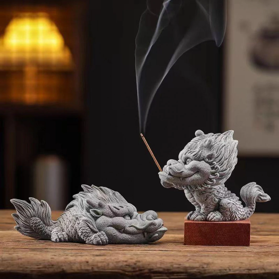 中式香插瑞兽麒麟青砂石摆件中式茶道茶玩茶宠创意家用室内香薰炉