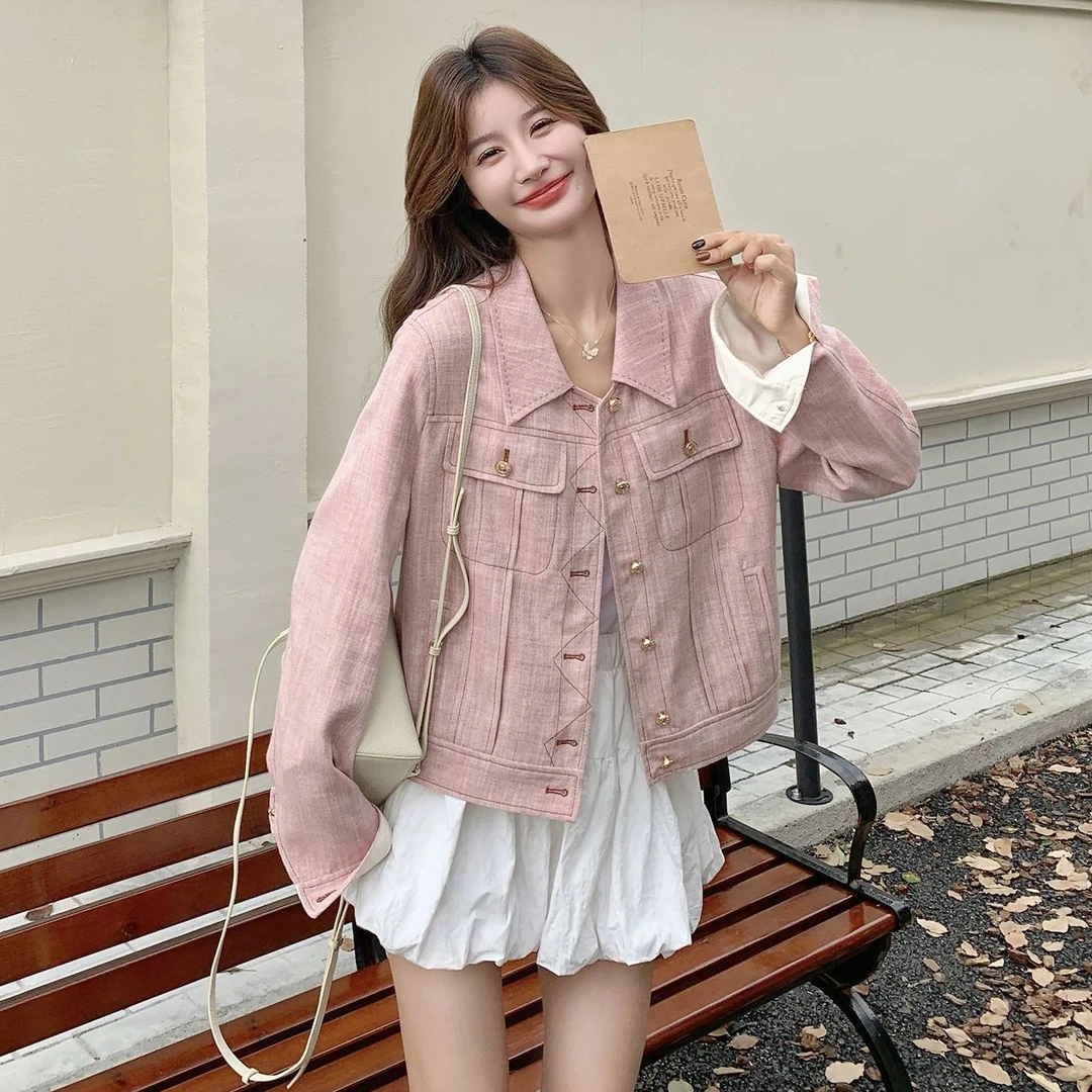 粉色短款小香风外套女2025年秋季新款韩版小个子休闲百搭夹克上衣