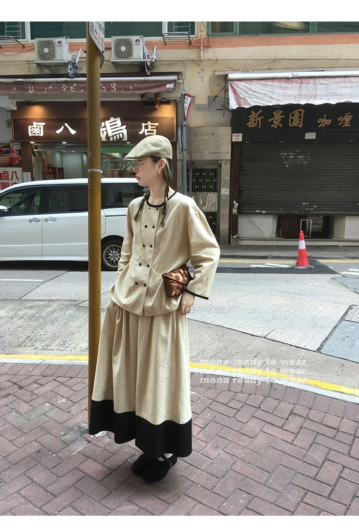 MONA 棉麻丝绒 设计上衣中腰半裙子套装女小个子 2025春夏季新款