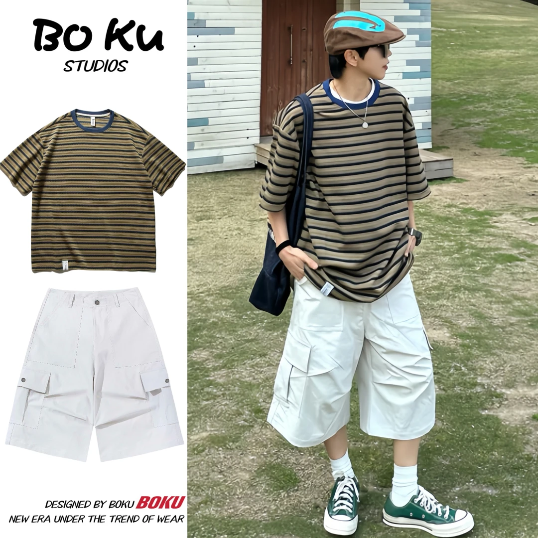 @BOKU两件装/单件夏美式休闲条纹短袖T恤男女宽松慵懒学院风上衣