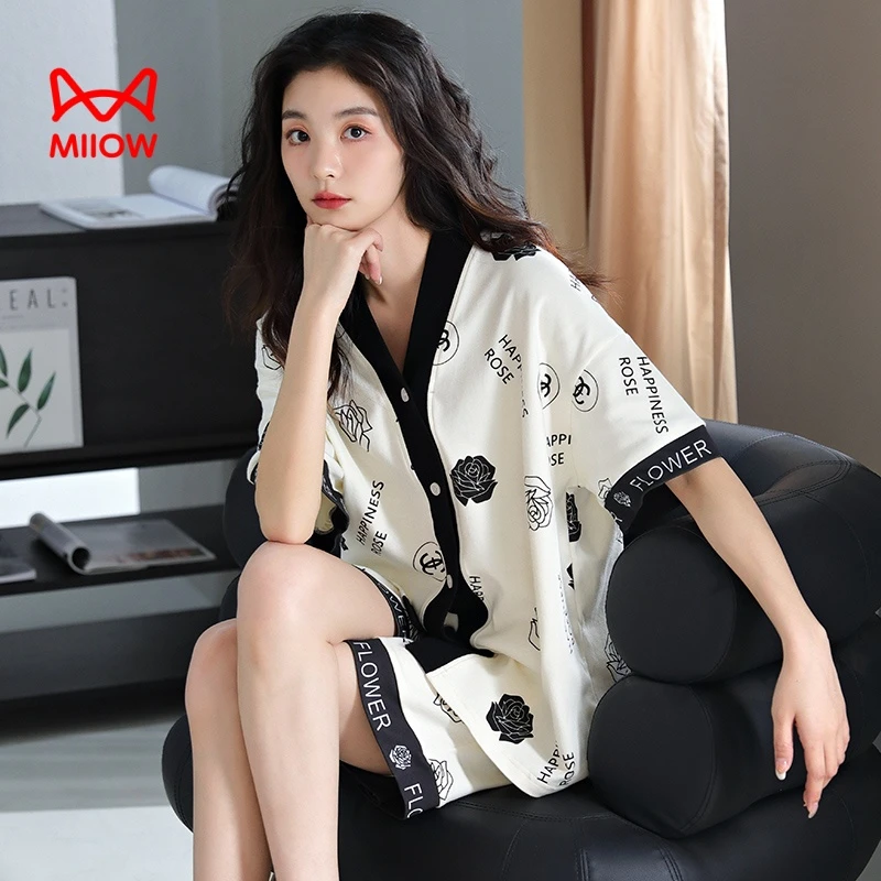 猫人纯棉短袖短裤睡衣女款夏季可外穿全棉薄款宽松套装夏天家居服