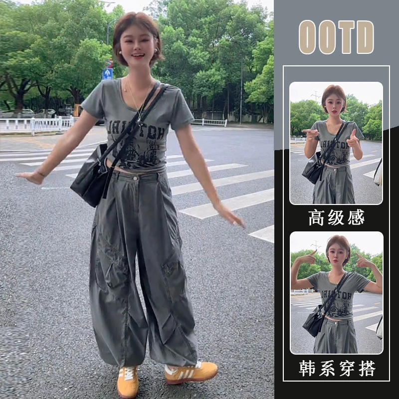 早夏chic时尚字母印花短袖上衣高腰工装阔腿长裤休闲炸街两件套装